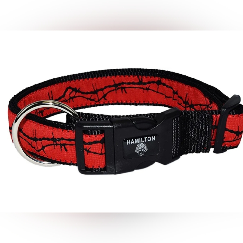 2 /$15  Hamilton Dog Collar Nylon Ribbon Overlay  18" to 26" Red Barbed Wire